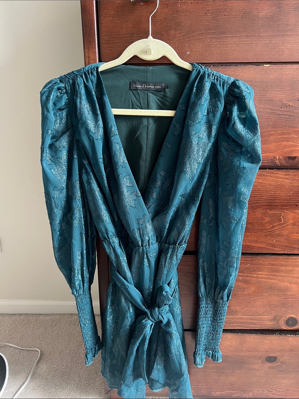 House of Harlow 1960 Teal Metallic Jacquard Wrap Dress with Puff Sleeves